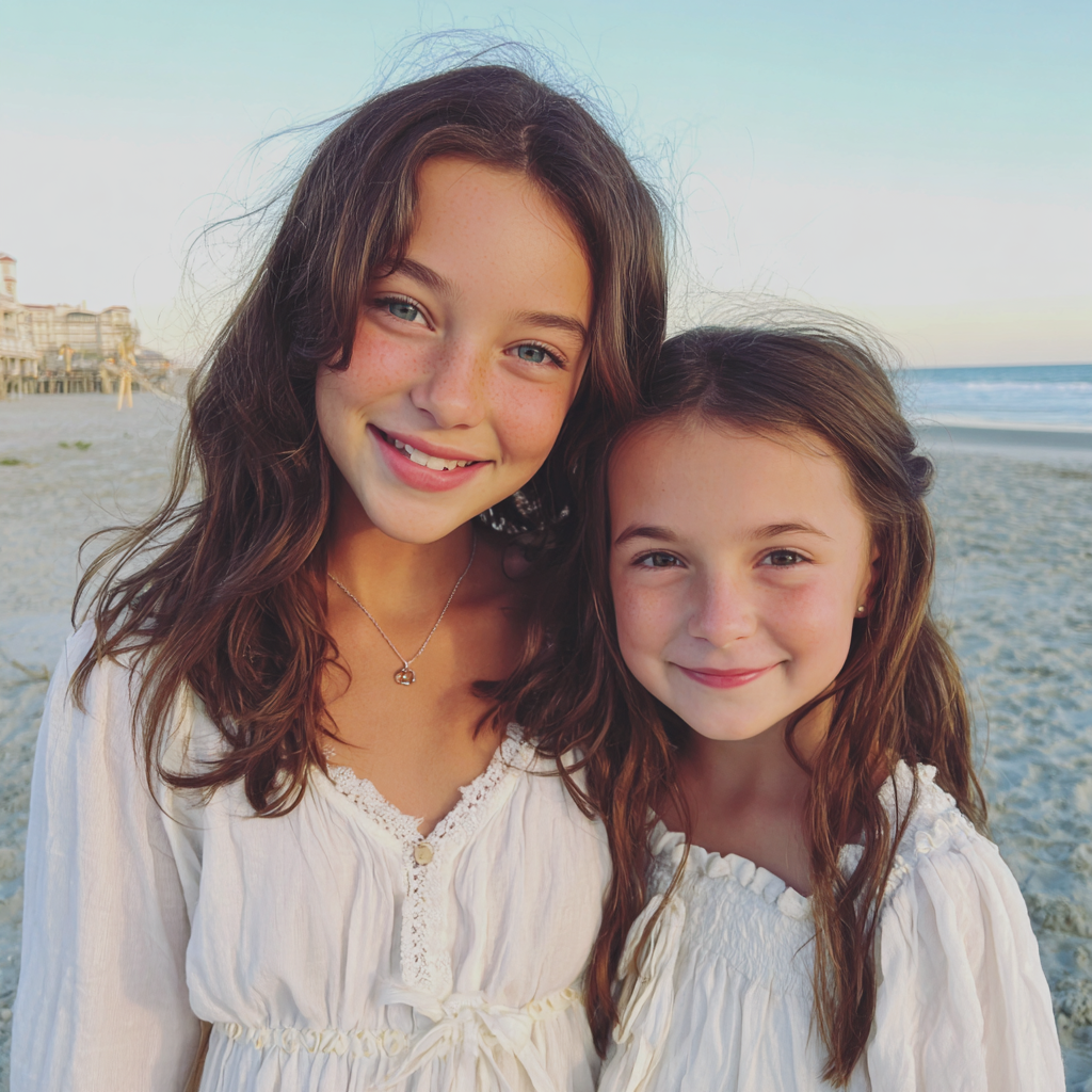 Two little girls wearing white dresses on a beach | Source: Midjourney