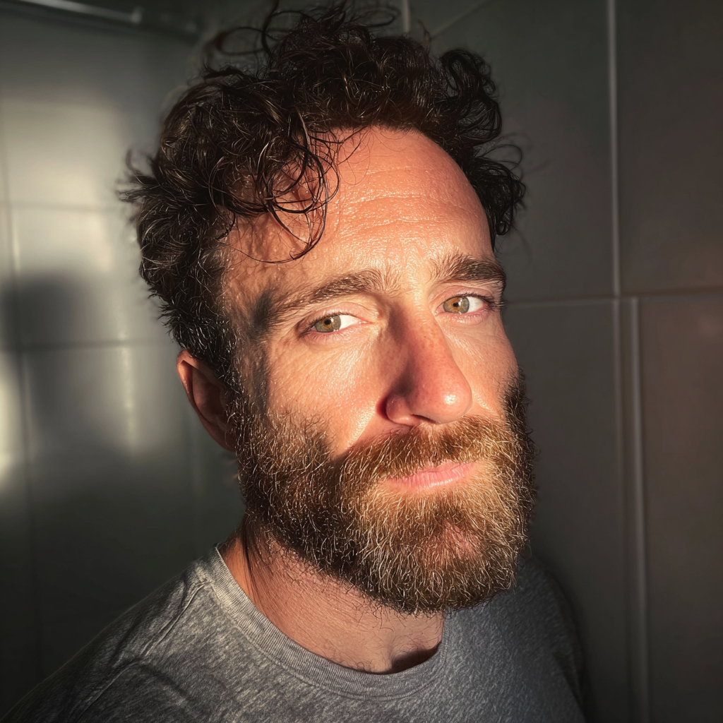 A man wearing a gray t-shirt and standing in a bathroom | Source: Midjourney