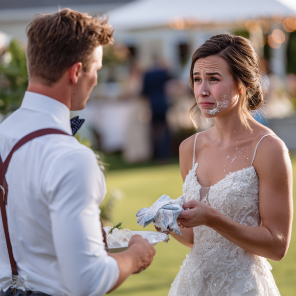 A man hands the bride a cloth napkin | Source: Midjourney