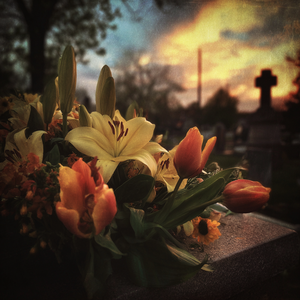 A bouquet of flowers in a cemetery | Source: Midjourney