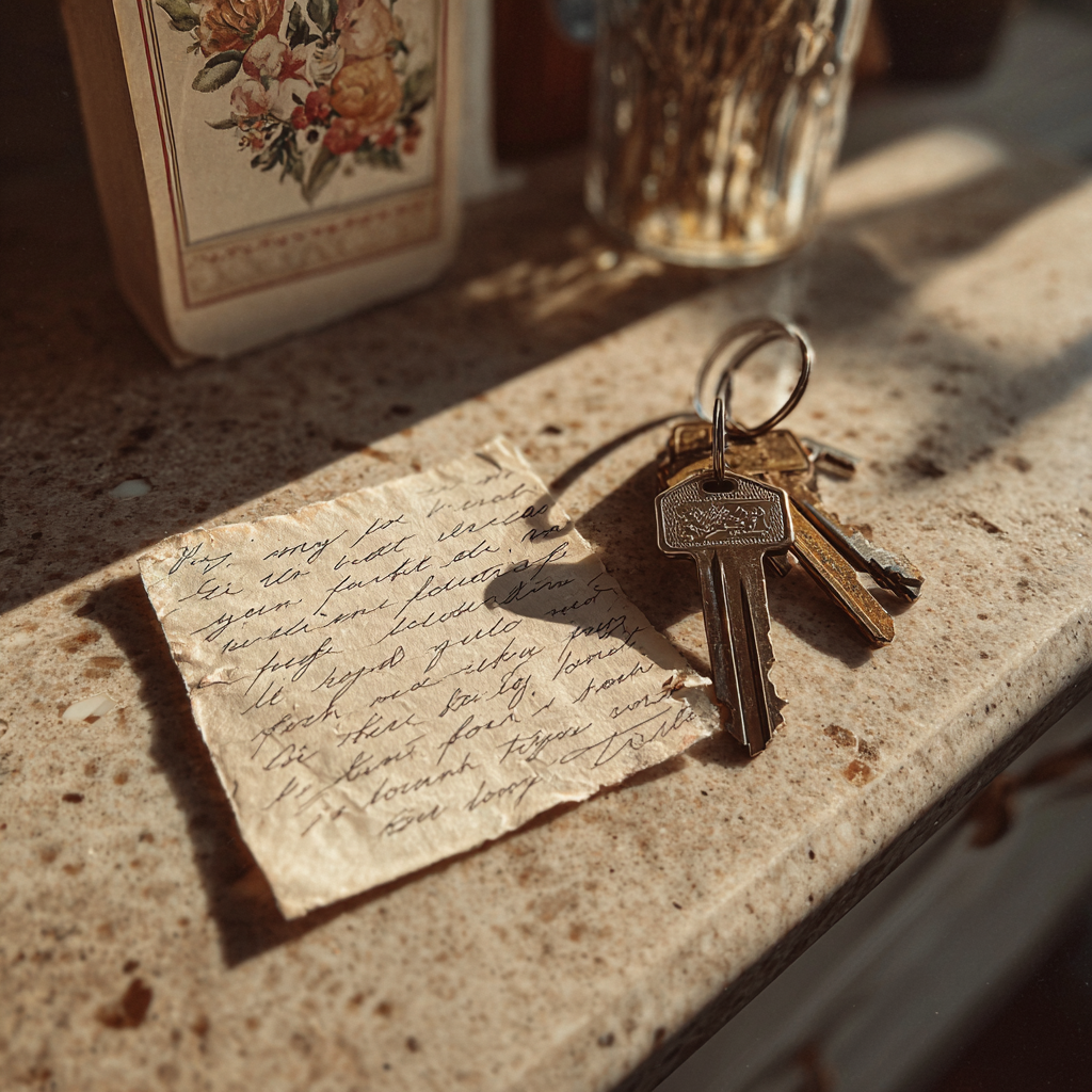 A note and keys on a counter | Source: Midjourney