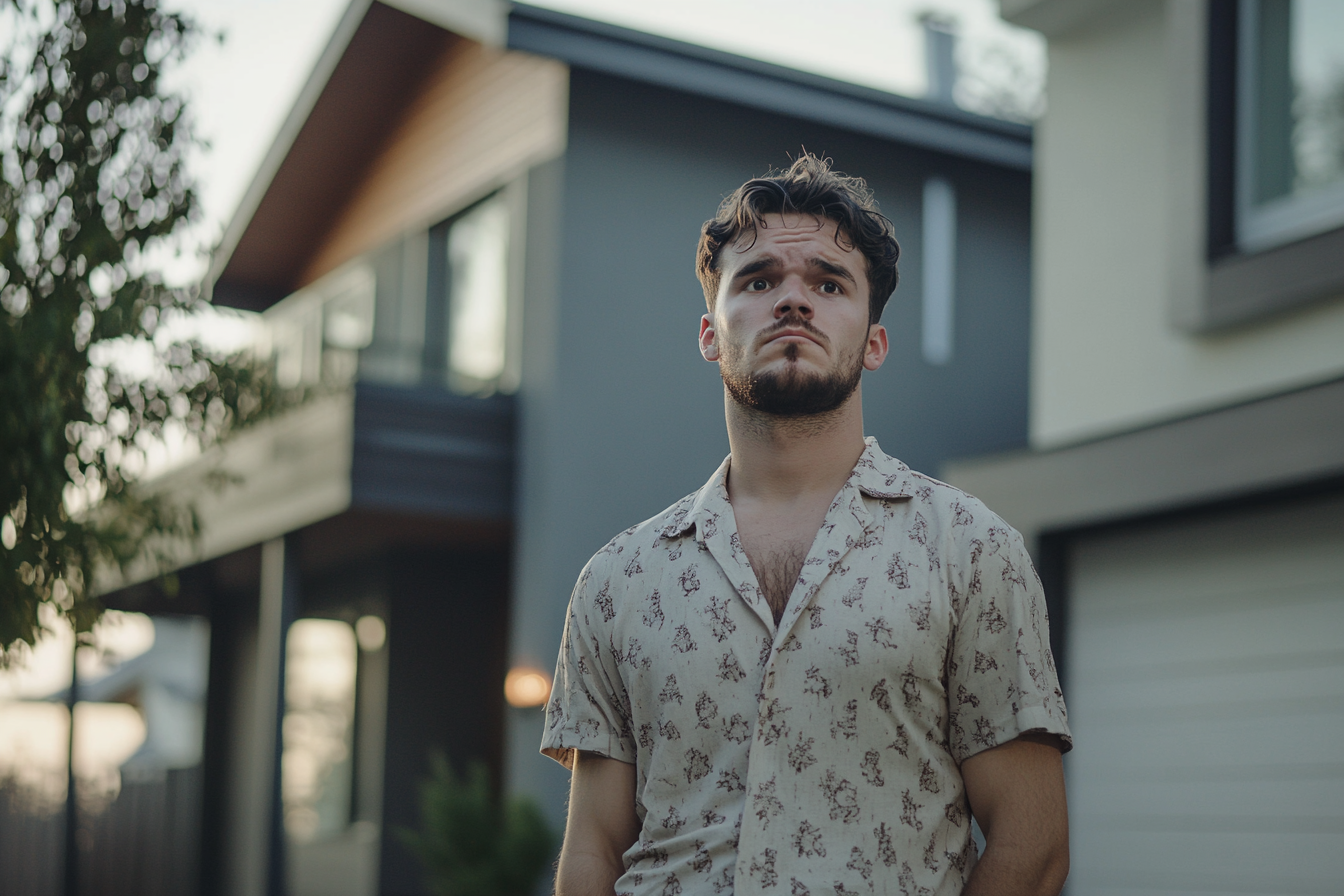 A man in pajamas looking sad in front of a modern house | Source: Midjourney