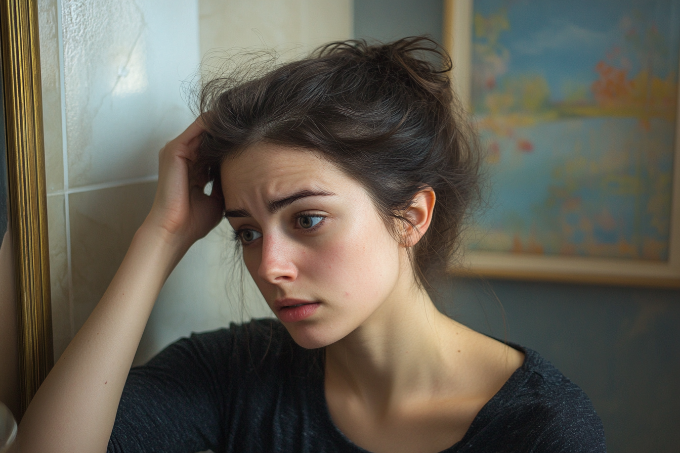 A woman examining her hair | Source: Midjourney