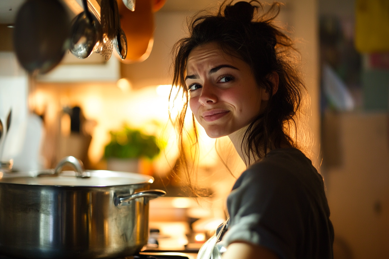 A woman in a kitchen frowning at someone | Source: Midjourney