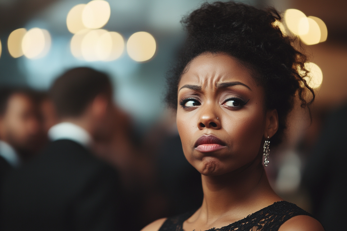 A frowning woman at a work party | Source: Midjourney