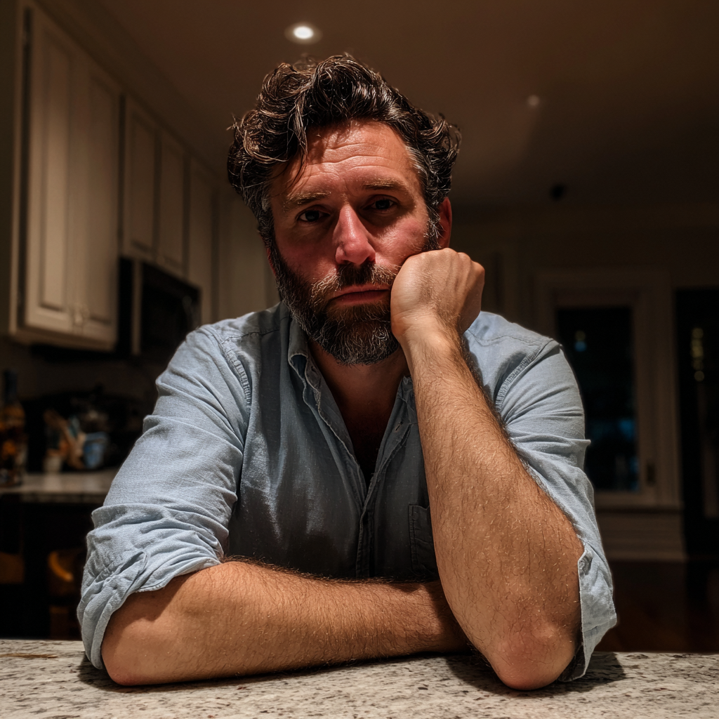 An upset man sitting at a kitchen table | Source: Midjourney