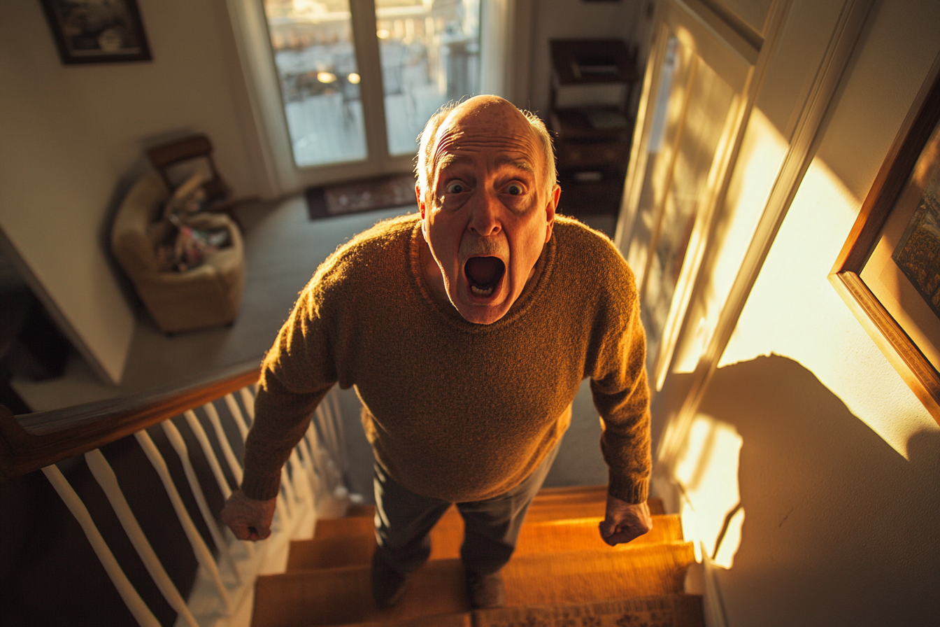 A man in his 70s yelling from the bottom of the stairs in a nice house | Source: Midjourney