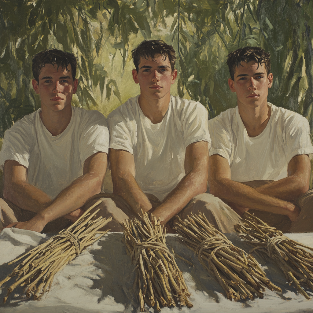 Three sons seated outside facing bundles of sticks | Source: Midjourney