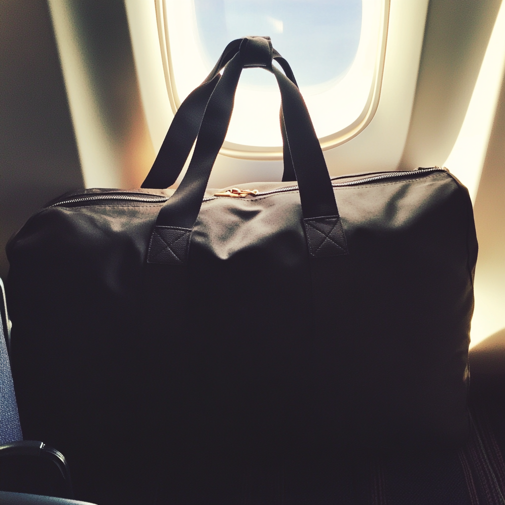 Flight Attendant Woke Me Up & Told Me to Check My Husband's Bag While He Was Away — I Never Expected What I Found 4 A duffel bag in an airplane | Source: Midjourney