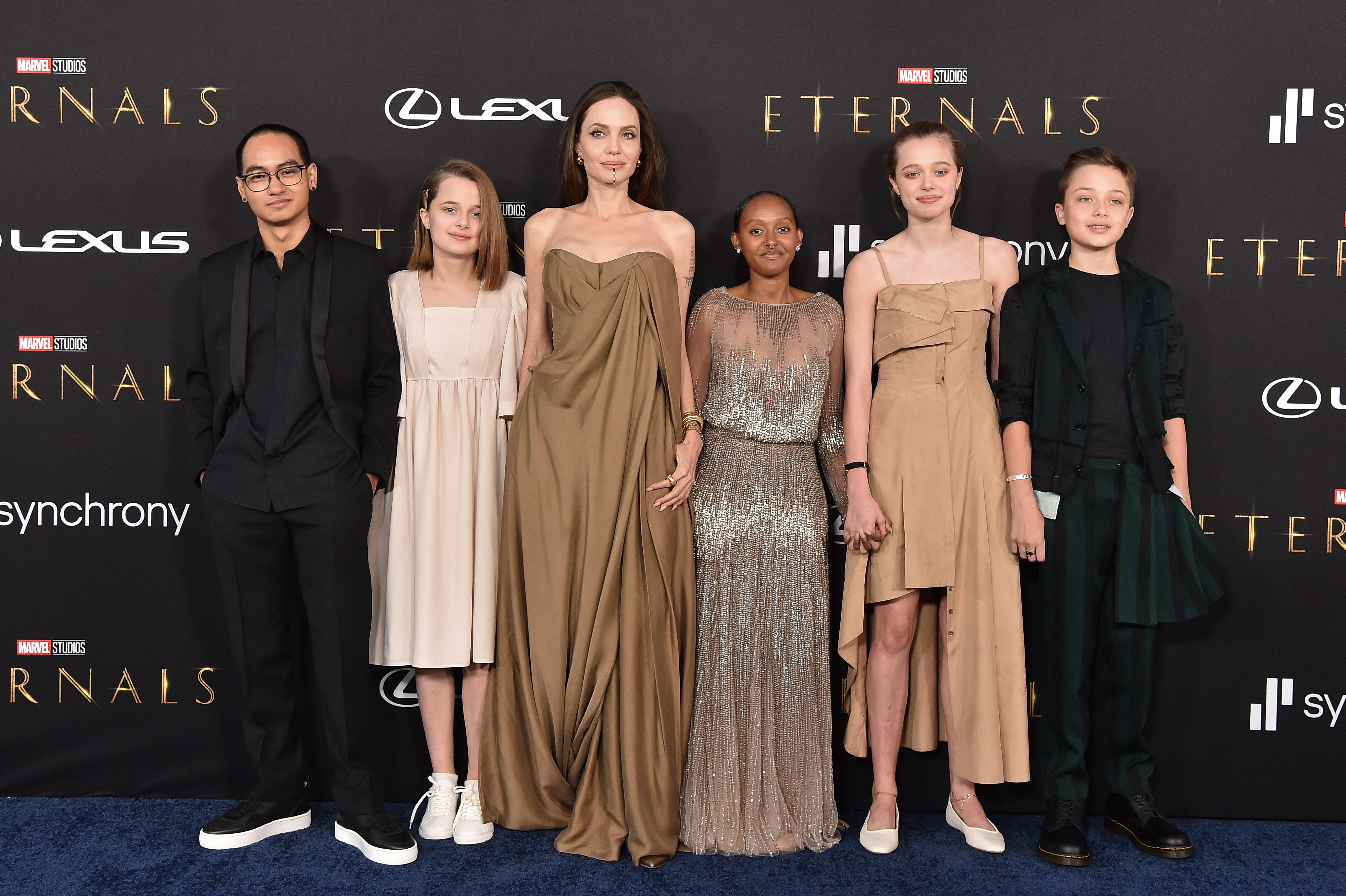 Maddox Jolie-Pitt, Vivienne Jolie-Pitt, Angelina Jolie, Knox Jolie-Pitt, Shiloh Jolie, and Zahara Jolie-Pitt attend the Los Angeles Premiere of Marvel Studios' "Eternals" on October 18, 2021 in California. | Source: Getty Images