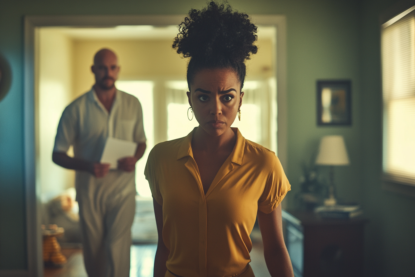 A woman with her back turned to a man holding a document | Source: Midjourney