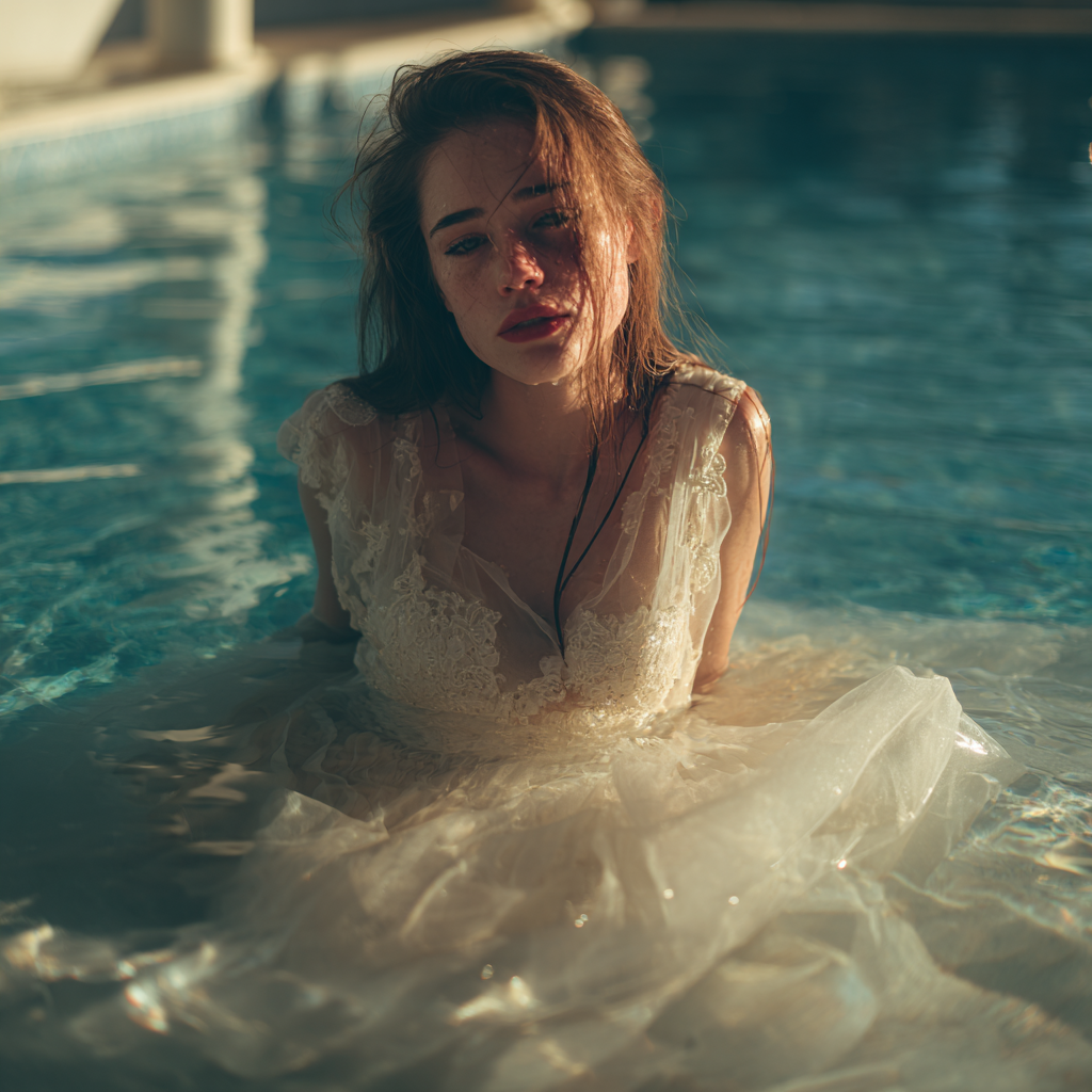 An upset bride in a pool | Source: Midjourney