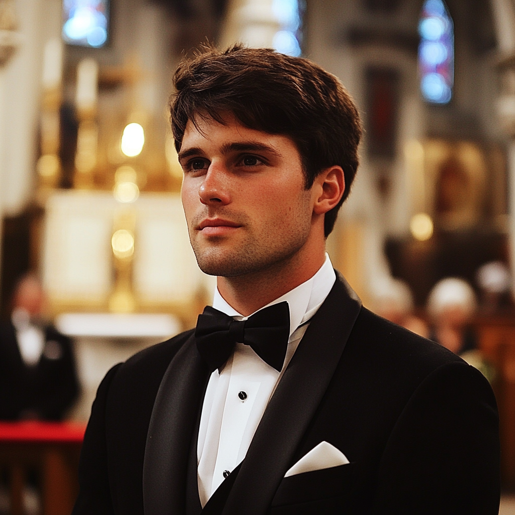 A close up of a groom wearing a black tuxedo | Source: Midjourney