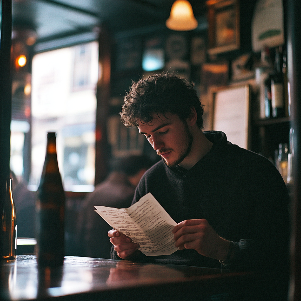 A man reading a letter in a pub | Source: Midjourney