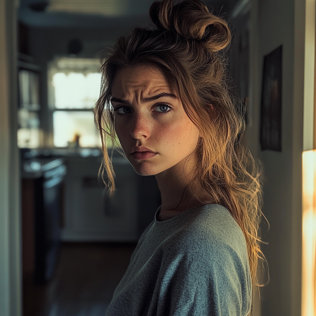 Une femme bouleversée debout dans un couloir | Source : Midjourney