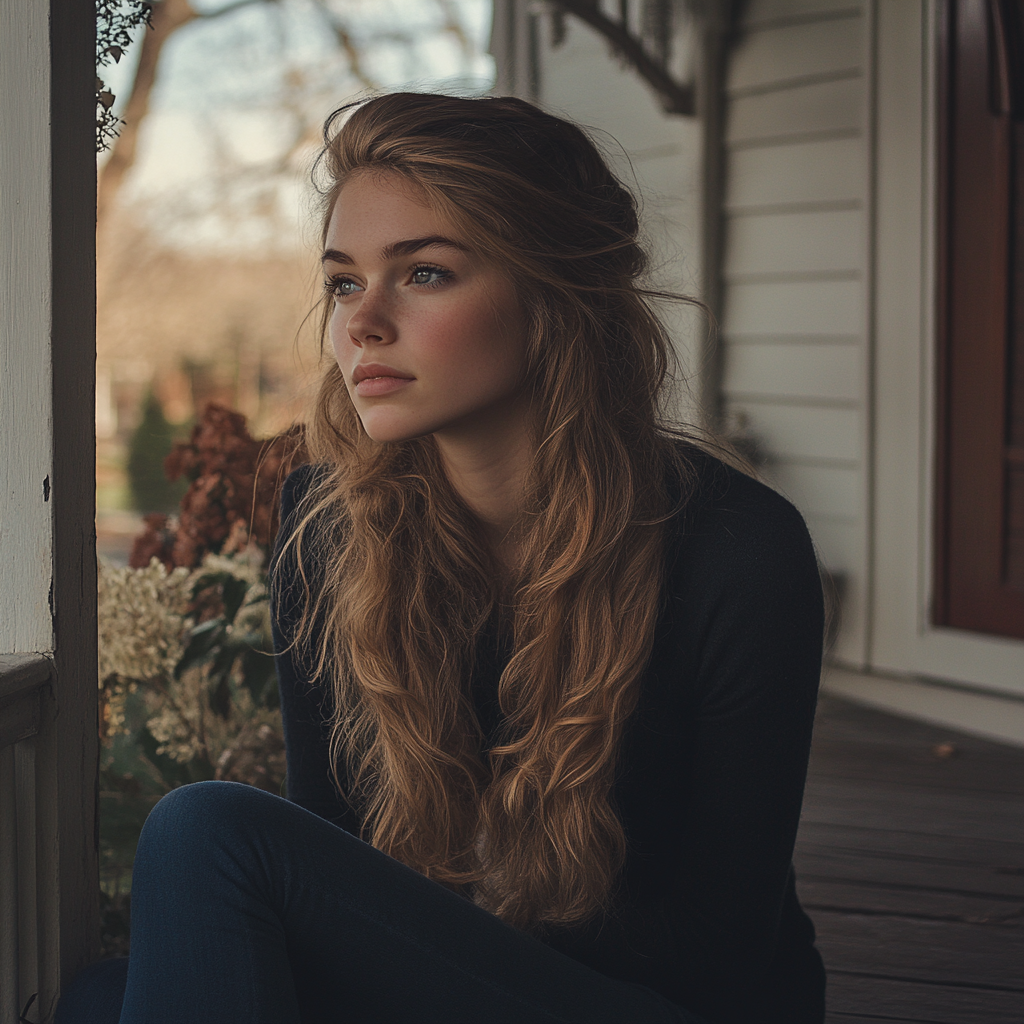 A woman waiting for someone on a porch | Source: Midjourney