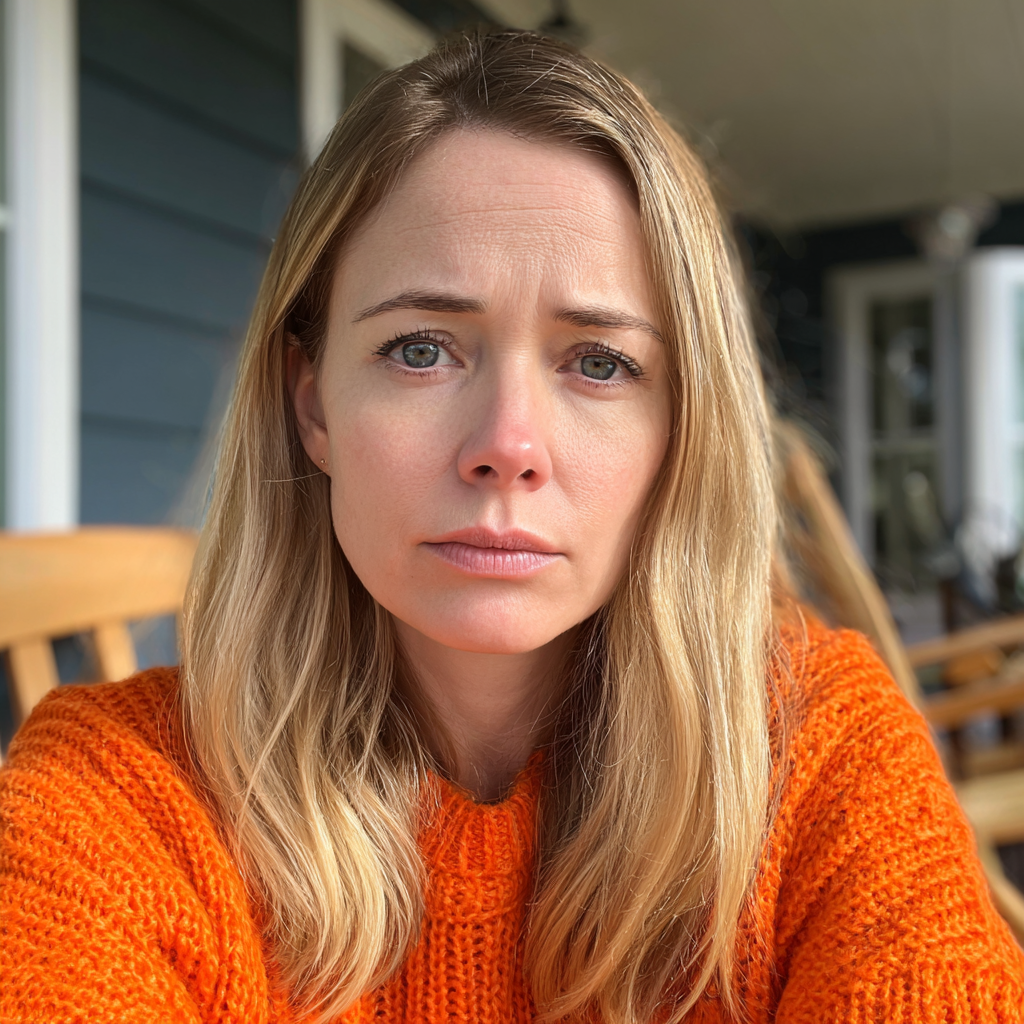 A woman sitting on a porch wearing an orange sweater | Source: Midjourney