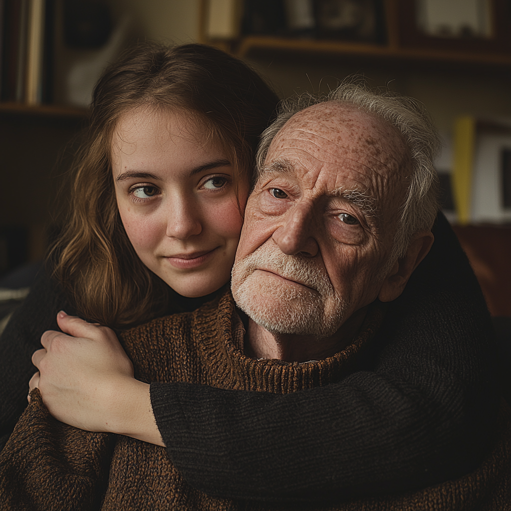 A woman hugging an elderly man | Source: Midjourney