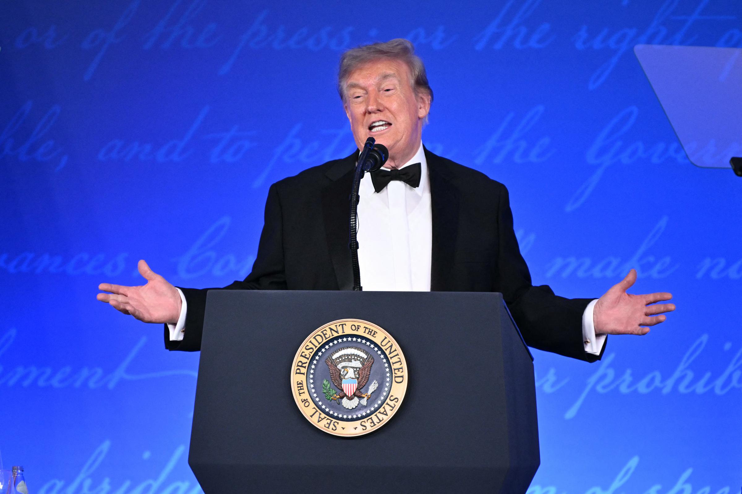 President Donald Trump speaks during the re-scheduled White House Correspondents Dinner in the Presidential Ballroom at the Waldorf Astoria on July 24, 2026 in Washington, DC. | Source: Getty Images