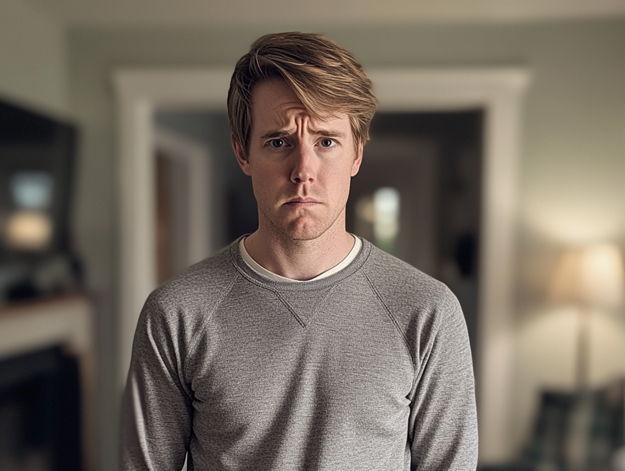 A frowning man standing in a living room | Source: Midjourney
