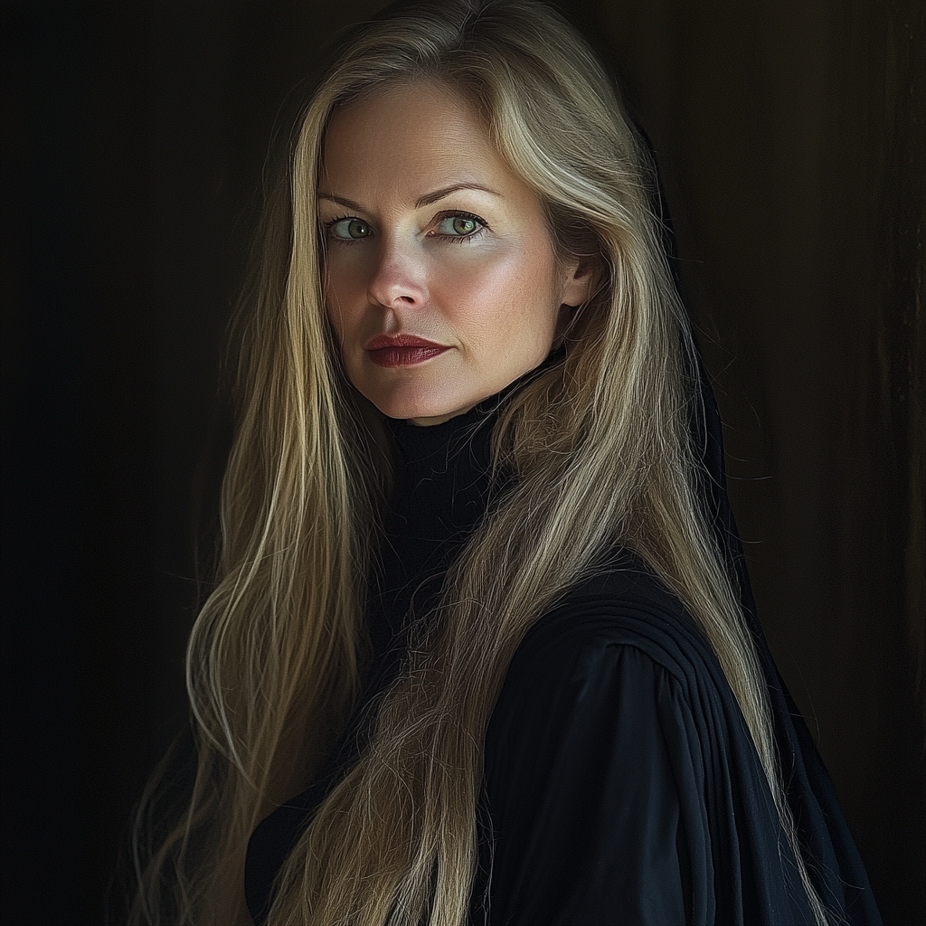A woman wearing a black cape like an evil stepmother | Source: Midjourney