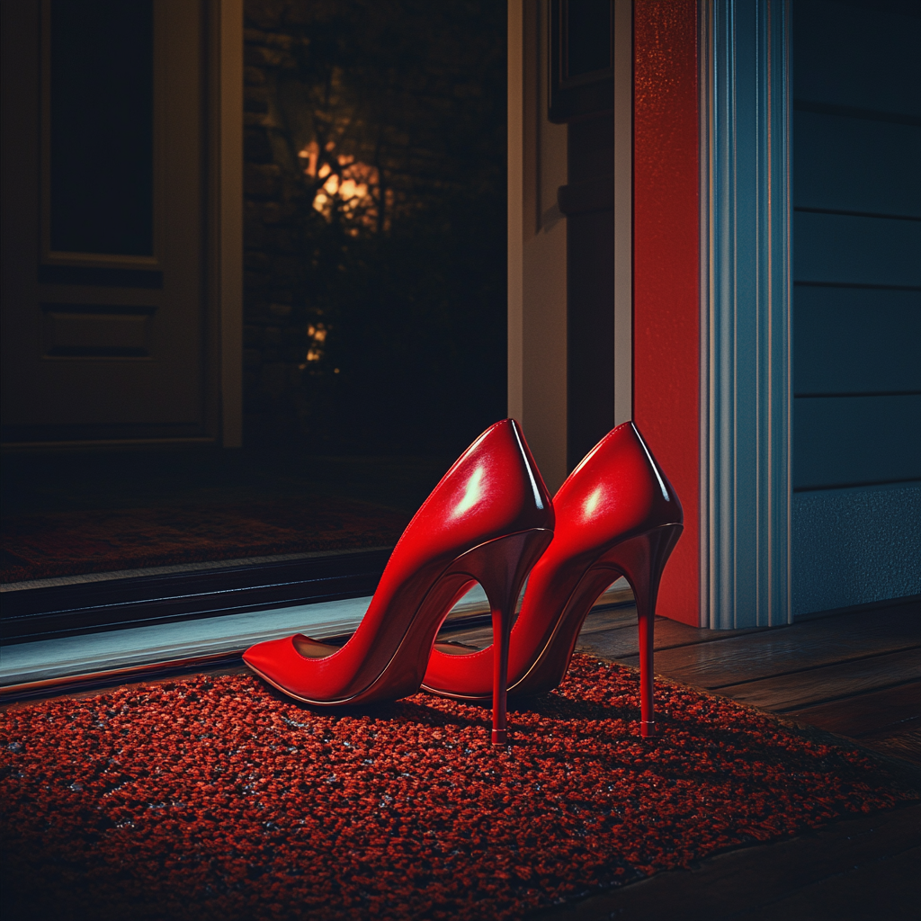 Red heels on a doormat | Source: Midjourney