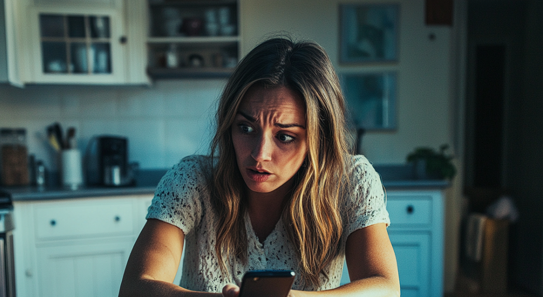 A shocked woman holding her cell phone | Source: Midjourney