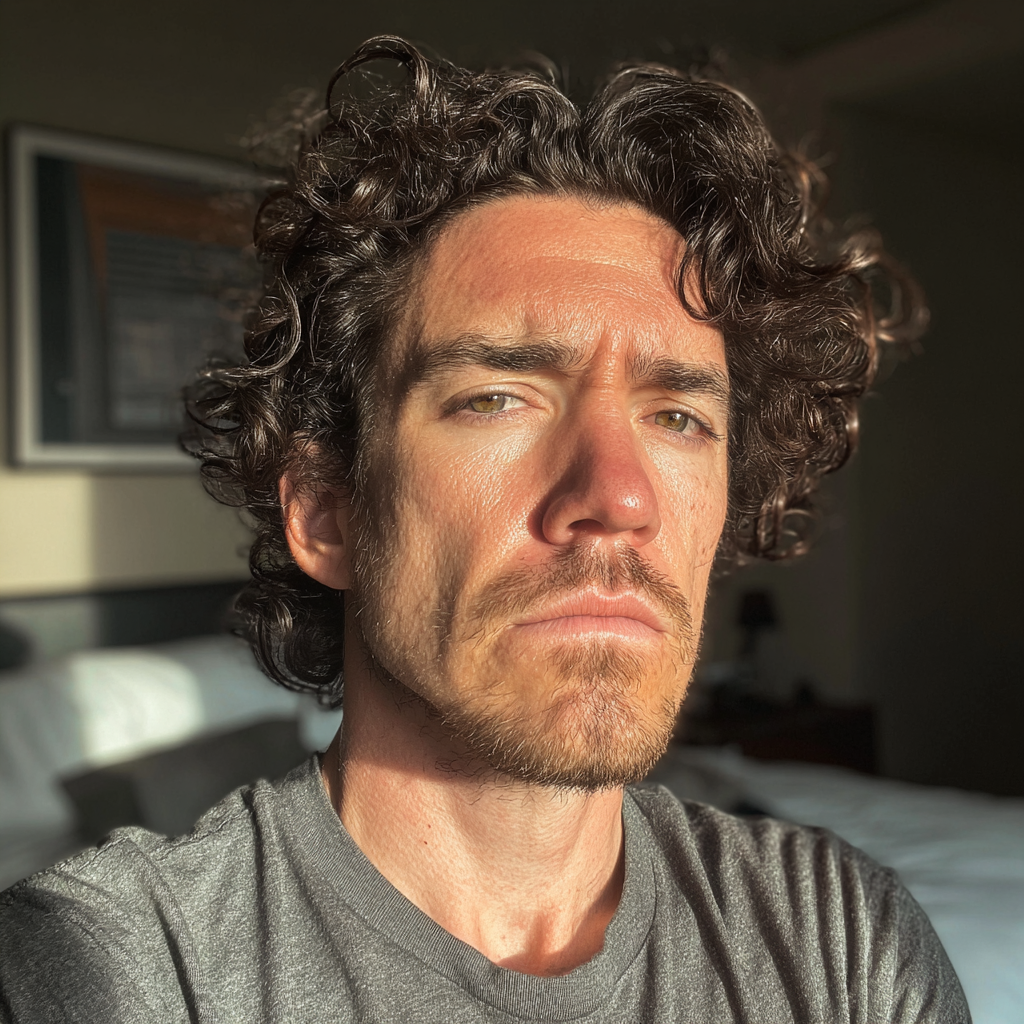 A frowning man wearing a gray t-shirt | Source: Midjourney