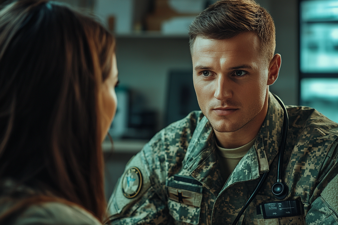 Un officier militaire discute avec un médecin | Source : Midjourney