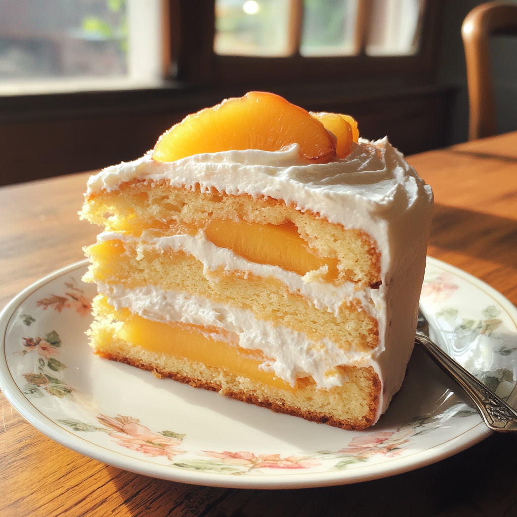 A slice of peach sponge cake | Source: Midjourney
