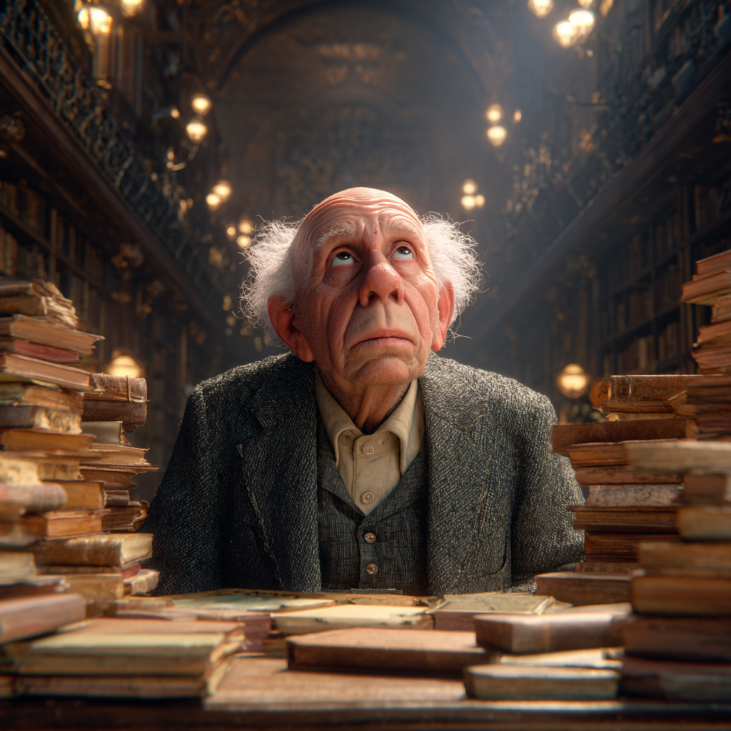 A puzzled older man sitting in a public library | Source: Midjourney