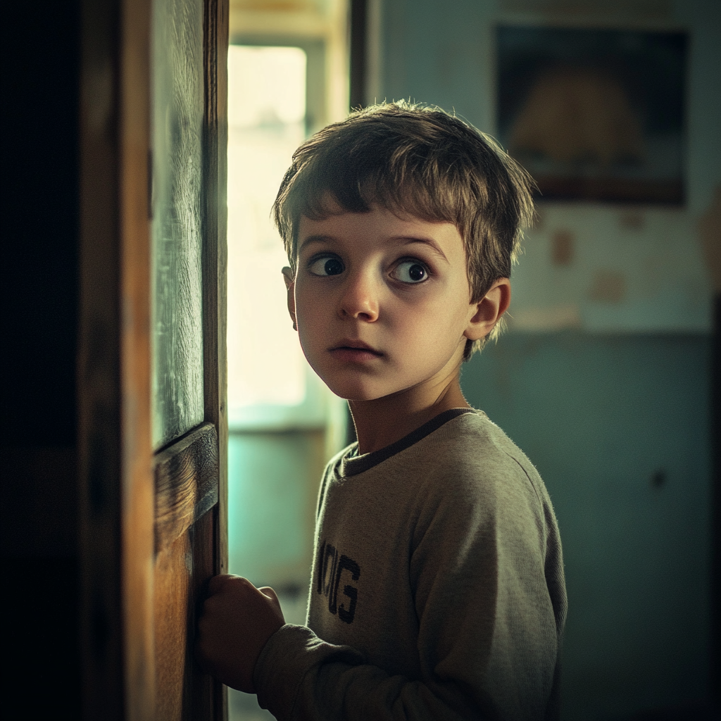 A distressed young boy standing at the door of a small apartment | Source: Midjourney