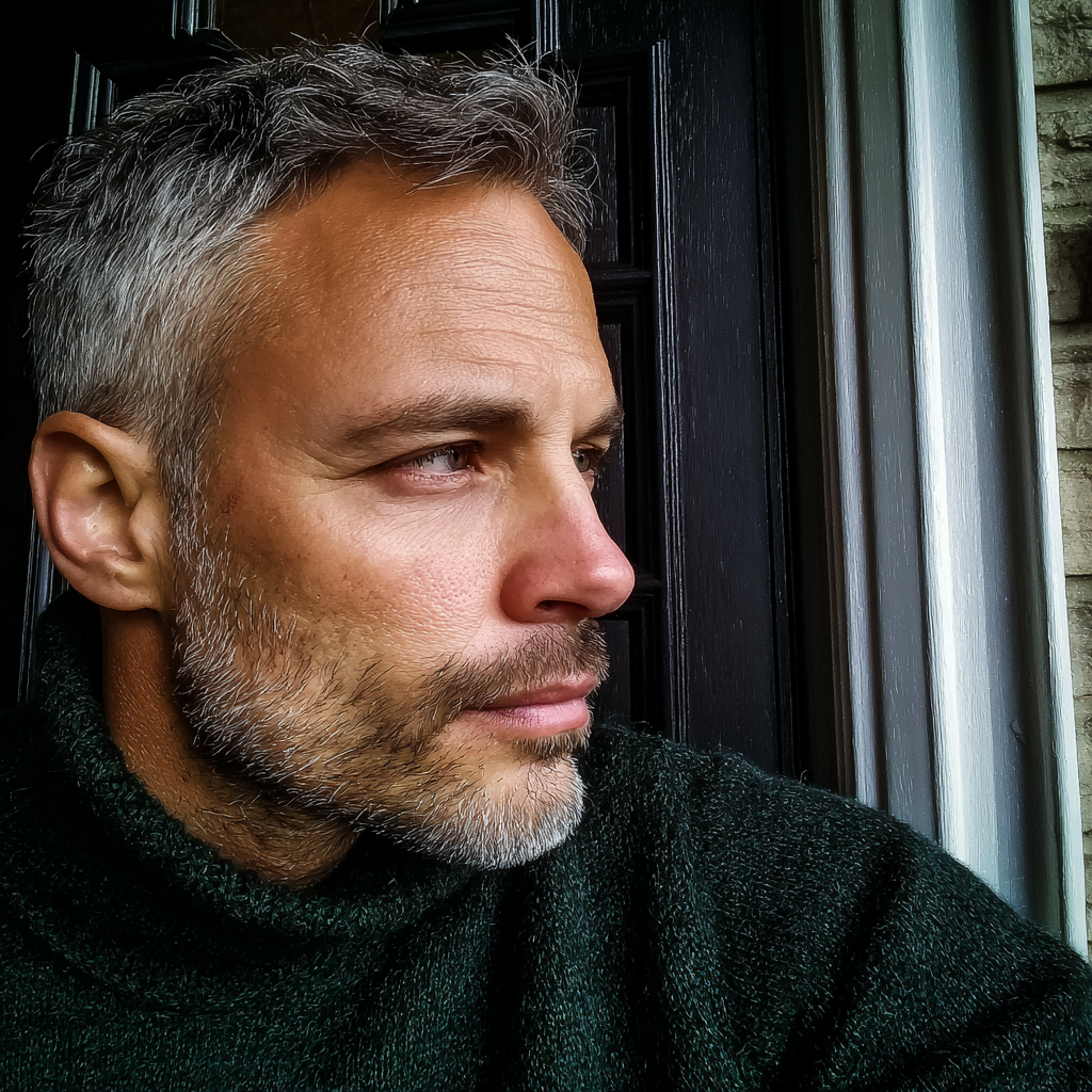 A man standing at his front door wearing a green sweater | Source: Midjourney