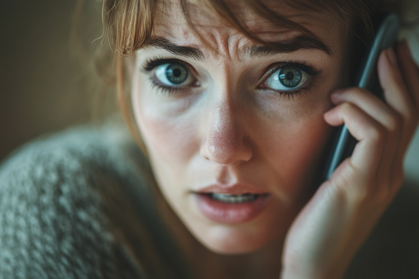 A shocked woman on a phone call | Source: Midjourney