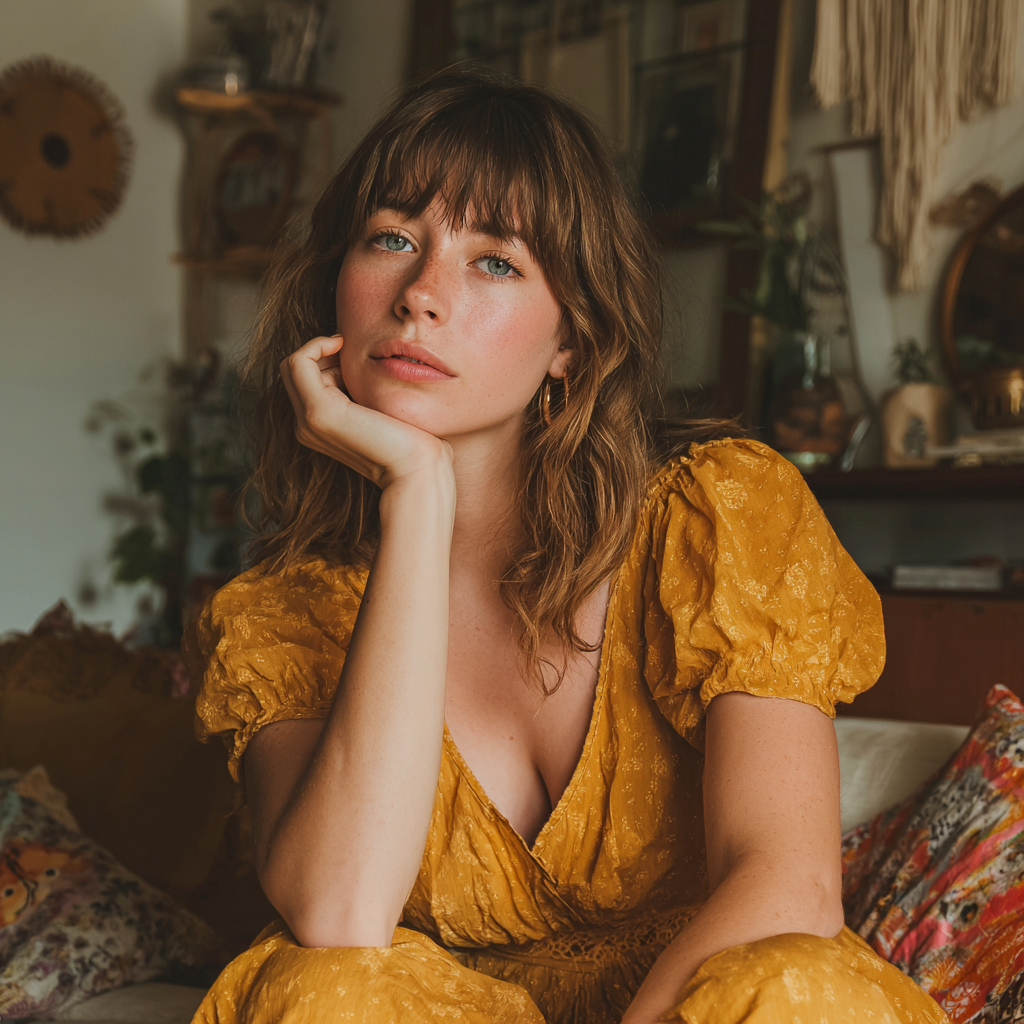 A pensive woman sitting on a couch | Source: Midjourney