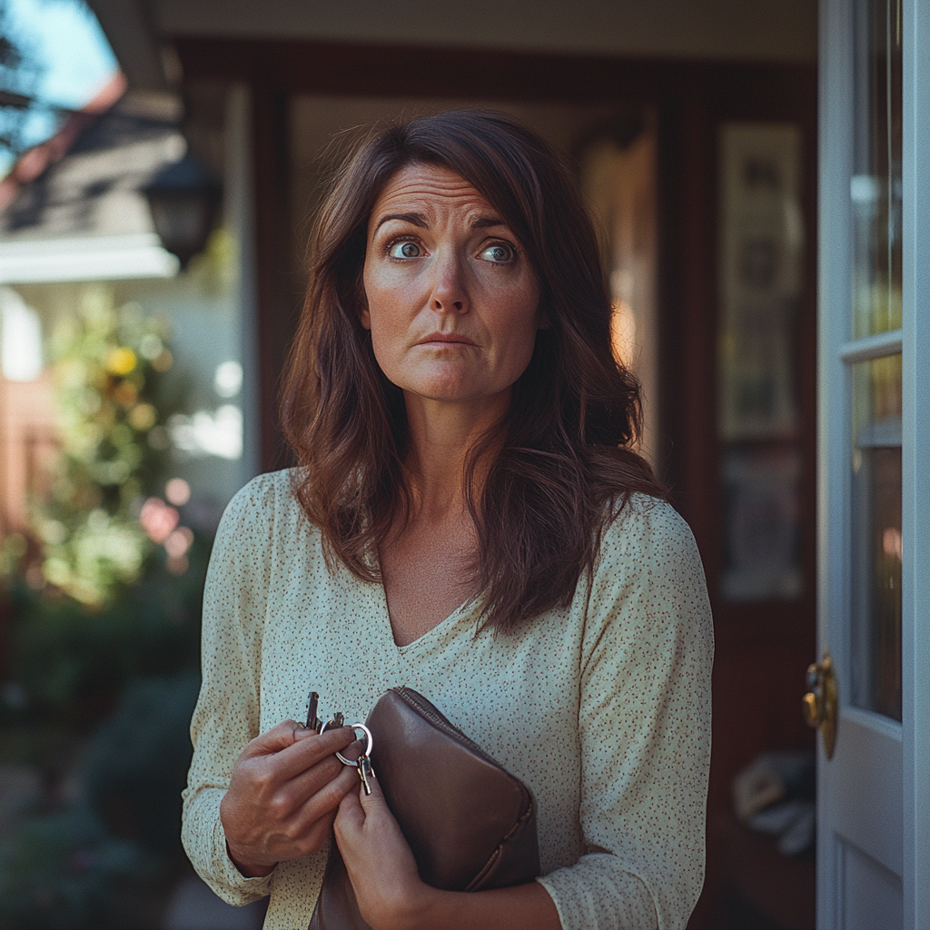 Une femme inquiète tenant ses clés de voiture et son sac à main | Source : Midjourney