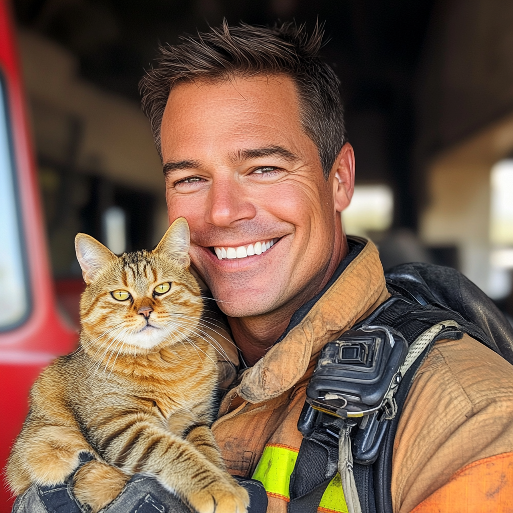 A fire fighter holding a cat | Source: Midjourney