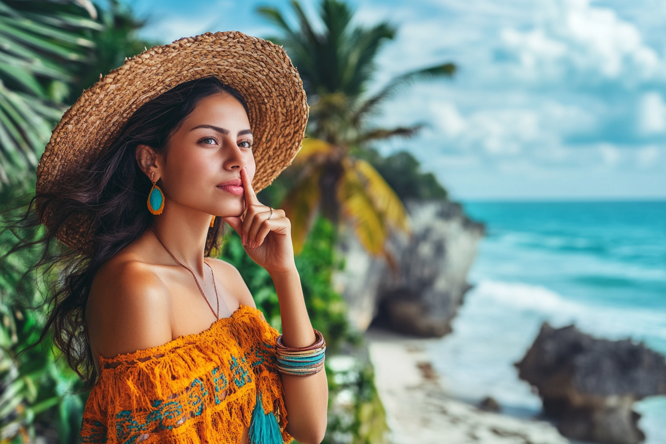 Woman on vacation holding finger to mouth with a secret | Source: Midjourney