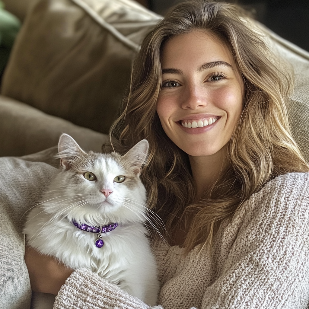 A smiling young woman with her cat | Source: Midjourney