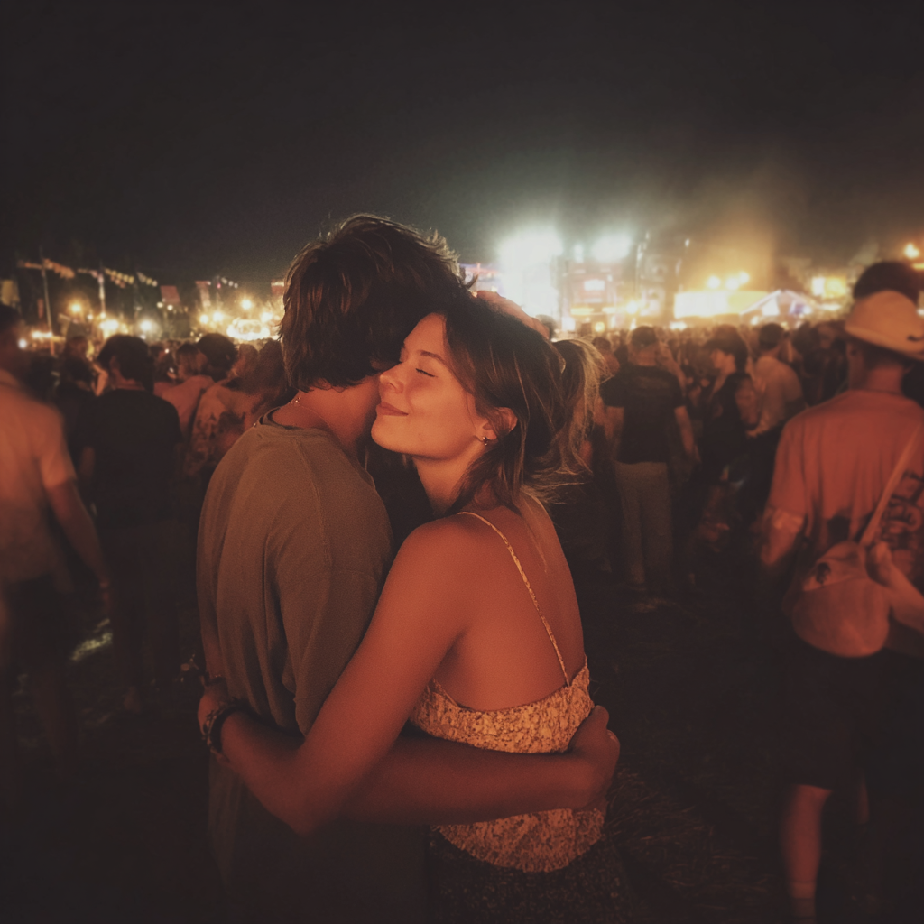 A couple embracing at a music festival | Source: Midjourney