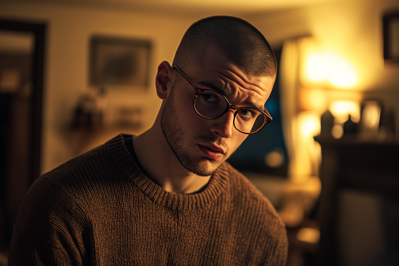 Man in his late 20s looking upset standing in living room | Source: Midjourney