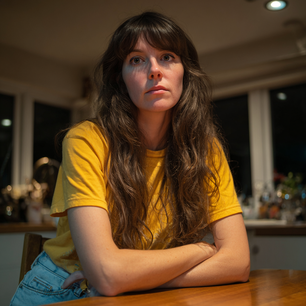 A pensive woman sitting at a table | Source: Midjourney