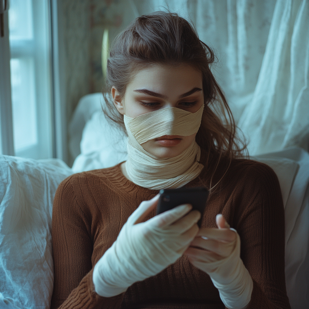 An unhappy woman looking at her phone | Source: Midjourney