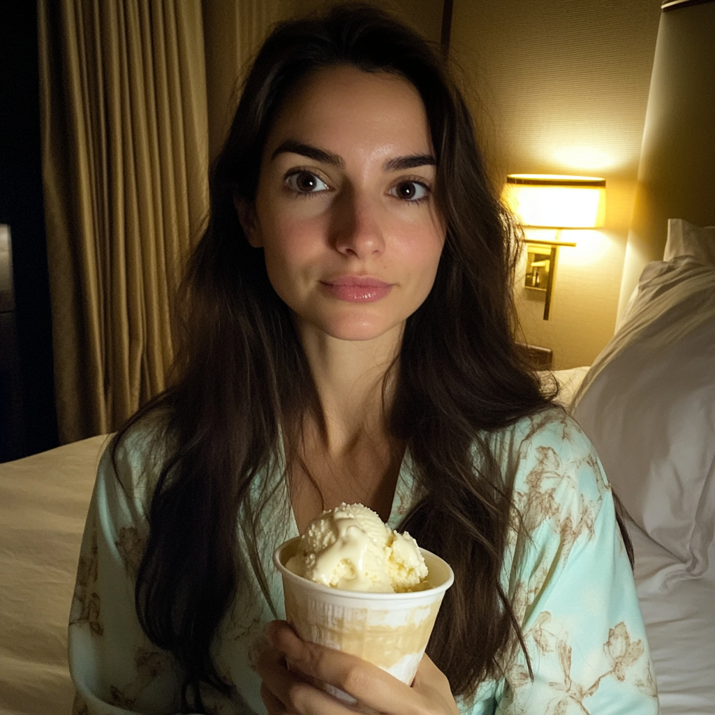 Une femme assise dans une chambre d'hôtel | Source : Midjourney