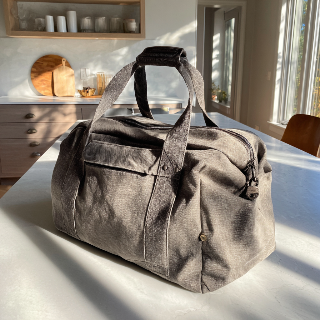 A gray duffel bag on a table | Source: Midjourney