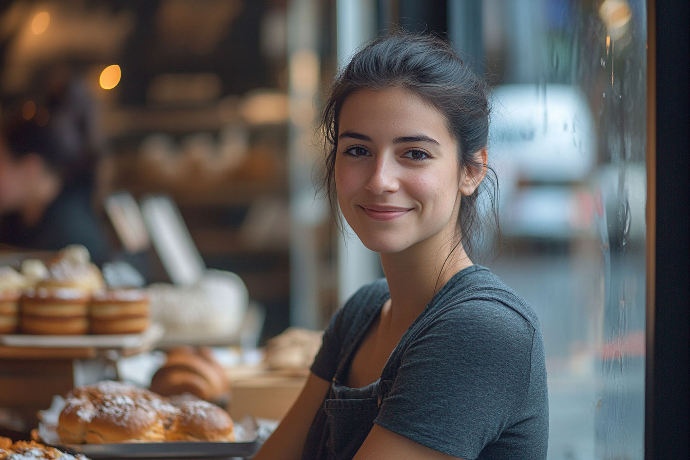 A woman smiling near a bakery window | Source: Midjourney