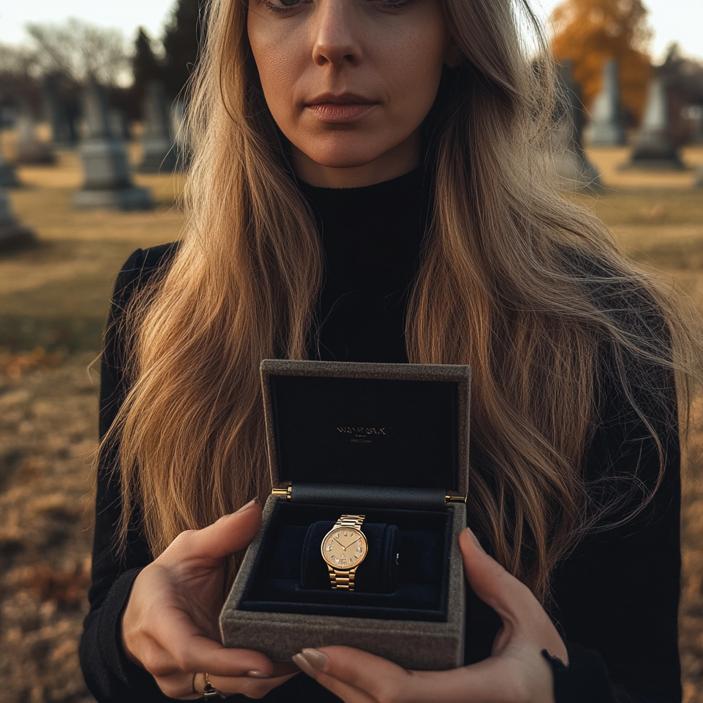 A woman holding a watch in a box | Source: Midjourney