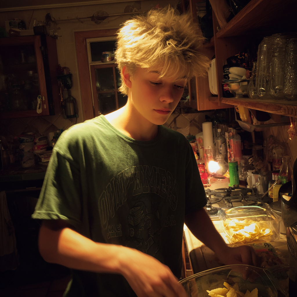 A teenage boy standing in a kitchen | Source: Midjourney