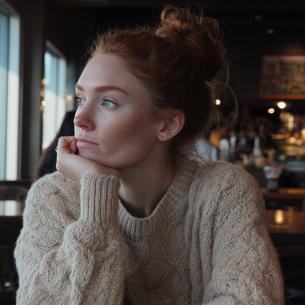 An unimpressed woman sitting in a coffee shop | Source: Midjourney
