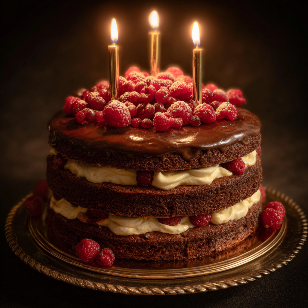 A close up of a chocolate and raspberry birthday cake | Source: Midjourney
